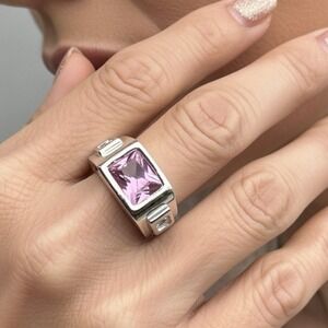 Elegant Pink Swarovski Crystal Sterling Silver Overlay Ring, Size 6